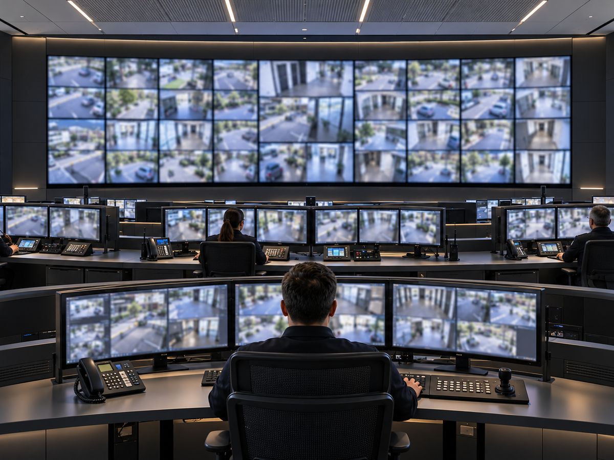 A security operations room with operators at their desks in front of a wall of camera views